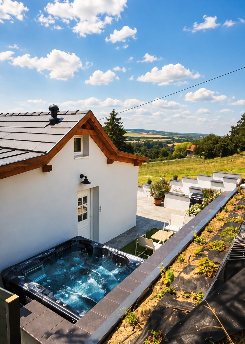 Privát kültéri jakuzzi nappal, panorámás terasz – Kötcse